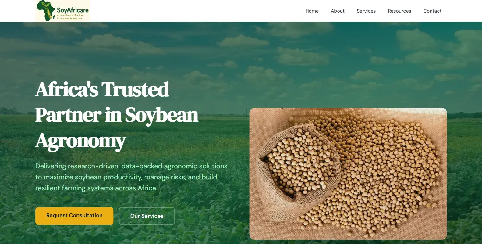 Homepage of the SoyAfriCare website: the headline “Africa’s Trusted Partner in Soybean Agronomy” over a soybean field, beside a photo of a sack of soybeans.